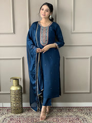 Endearing Blue Embroidery Work Chanderi Silk Event Wear Pant Suit