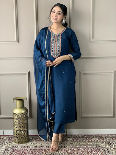 Endearing Blue Embroidery Work Chanderi Silk Event Wear Pant Suit