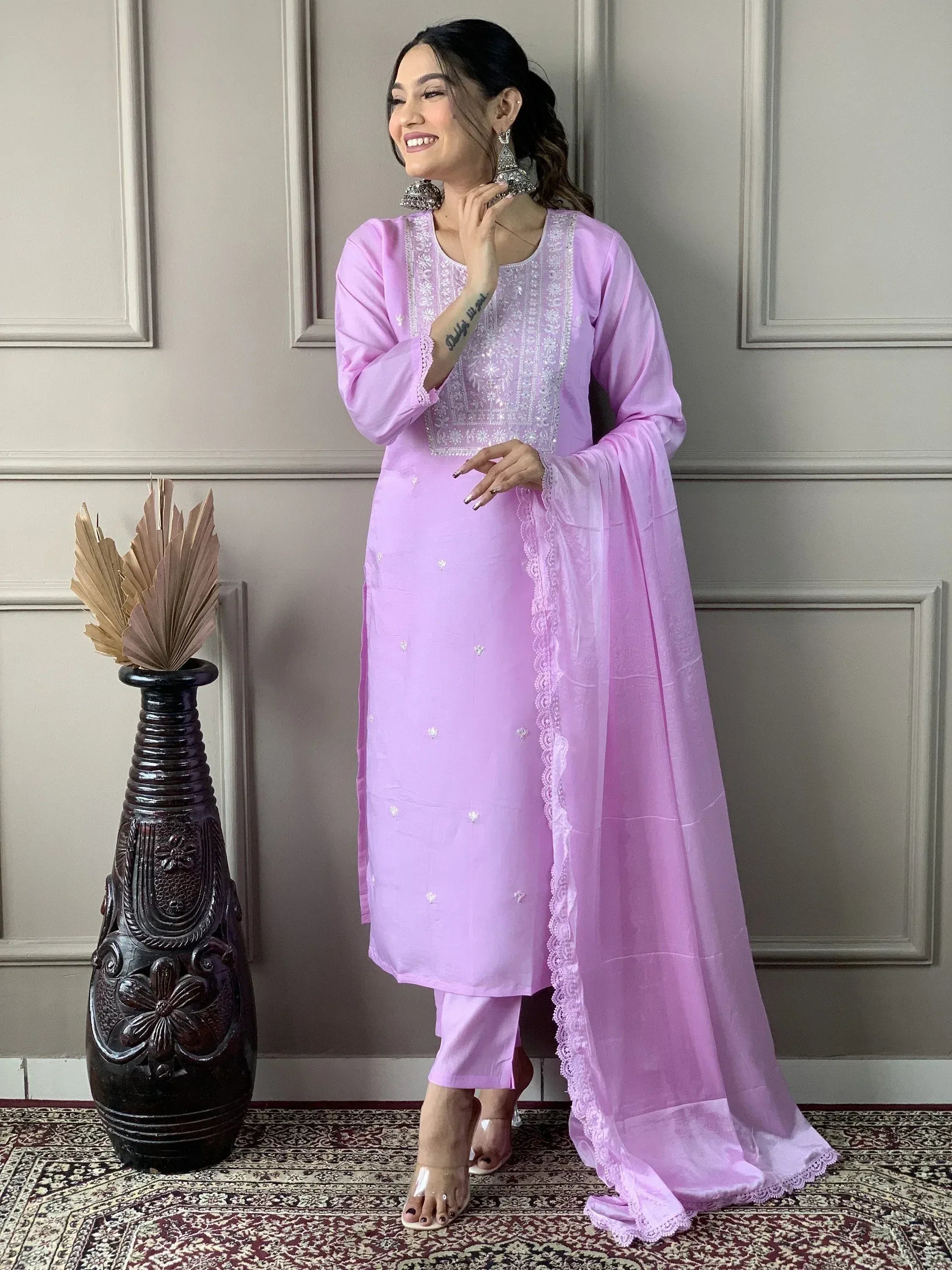 Lavender ethnic salwar kameez with floral embroidery and lace dupatta, perfect for Indian festive wear