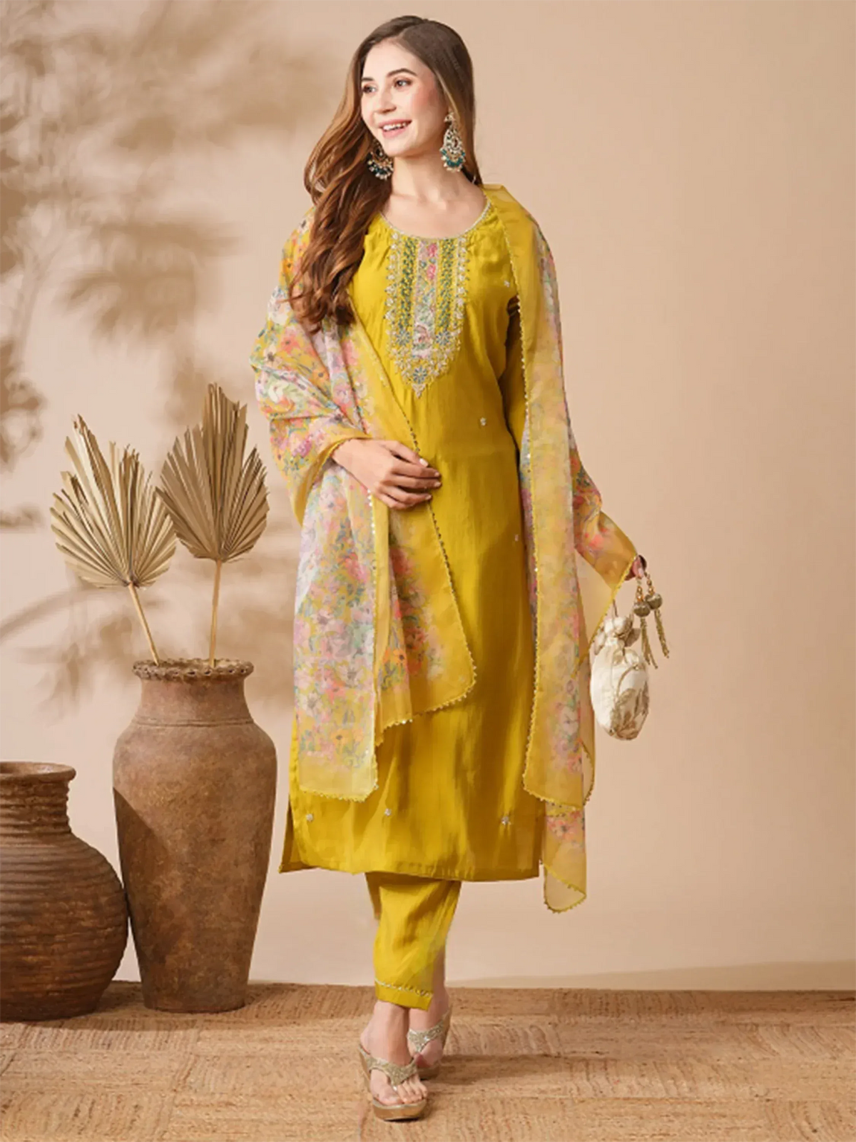 Yellow embroidered salwar kameez with floral dupatta, ethnic Indian wear for women