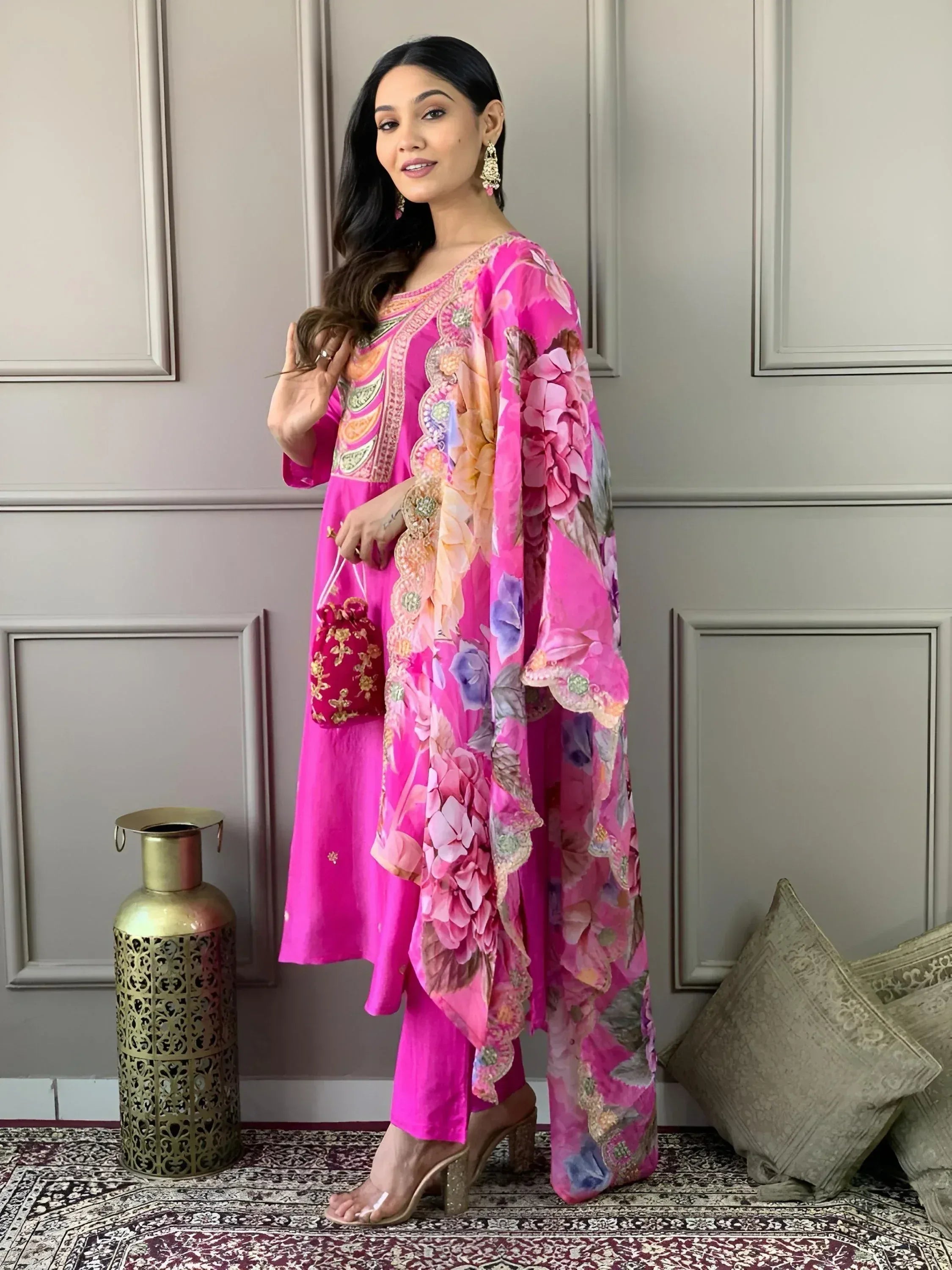Pink floral printed salwar kameez with embroidered dupatta, ethnic wear for women