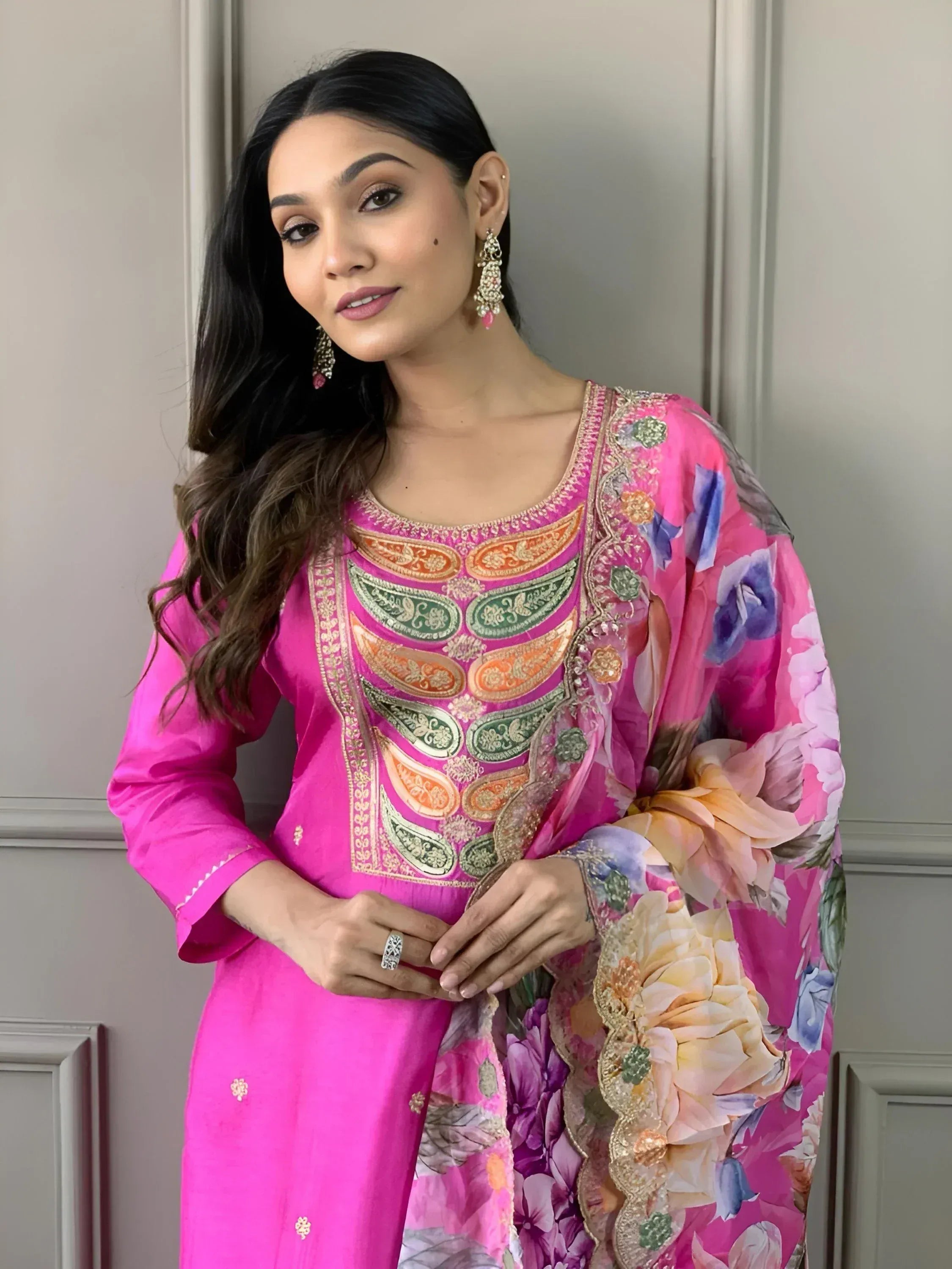 Pink floral embroidered salwar kameez with paisley design, perfect for Indian ethnic wear occasions
