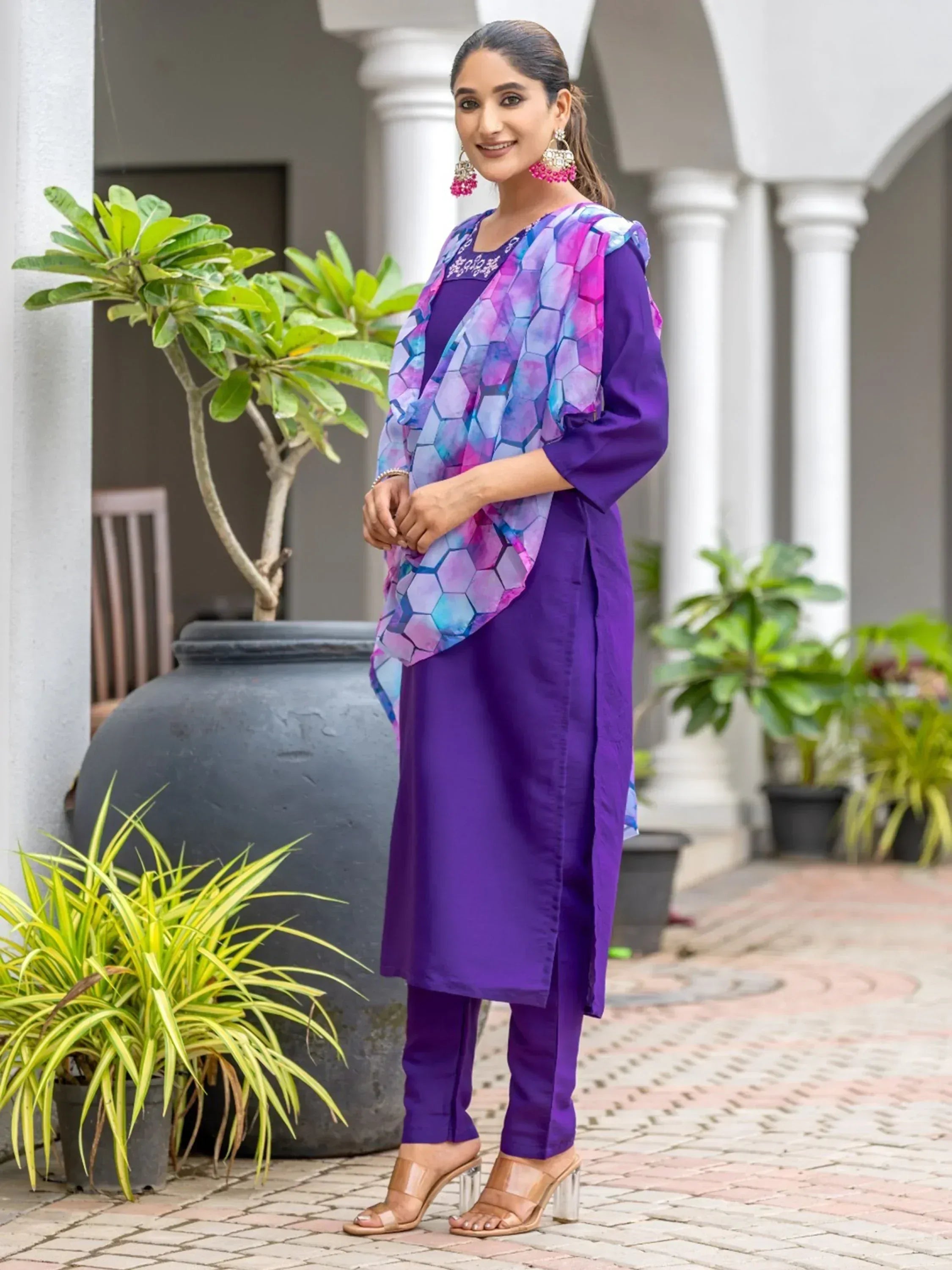 Purple ethnic salwar kameez with geometric print dupatta, perfect for Indian festive wear