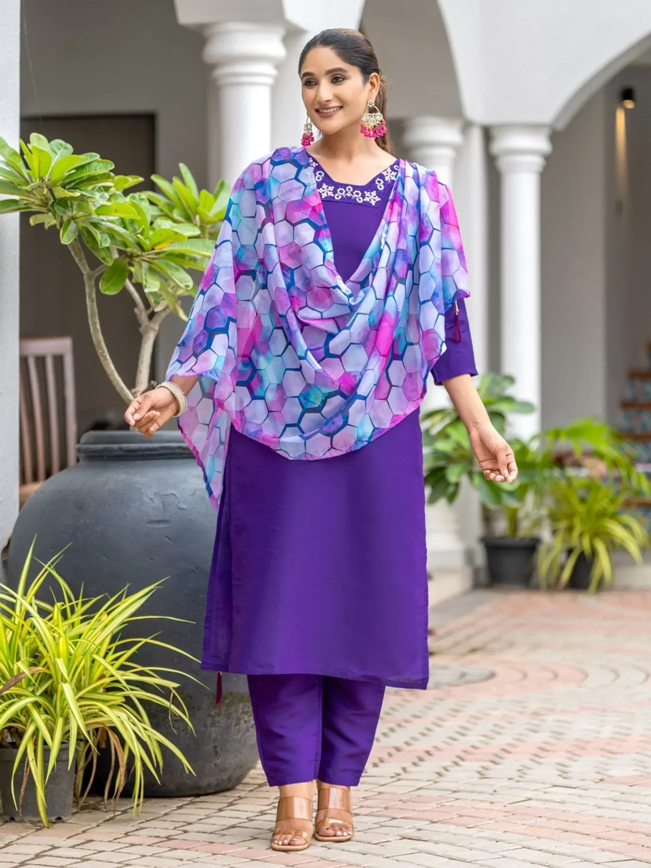 Purple ethnic salwar kameez with geometric print dupatta, perfect for Indian festive wear