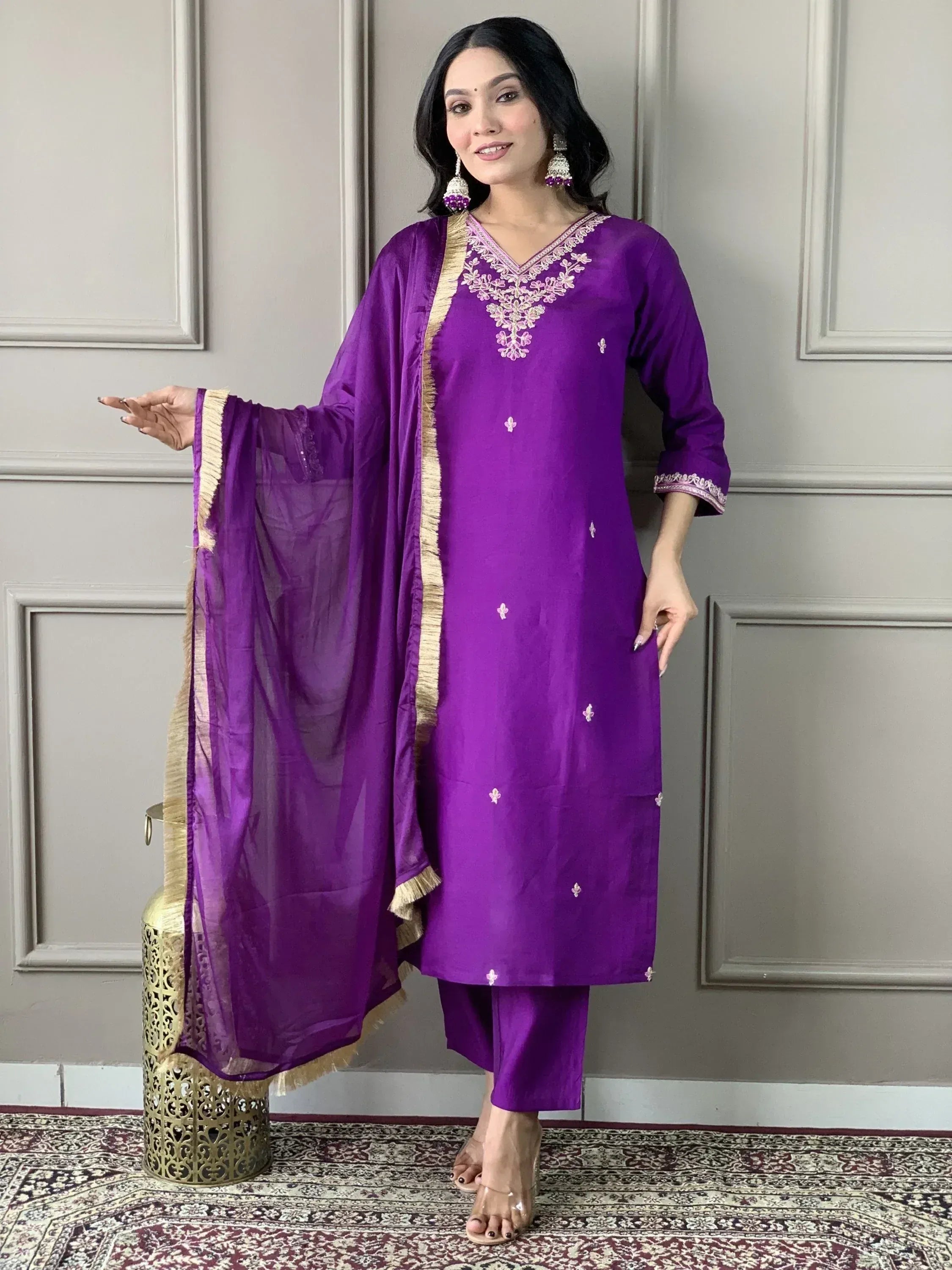 Purple embroidered salwar kameez with gold trim dupatta, Indian ethnic wear for women