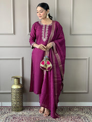 Astonishing Burgundy Embroidered Chanderi Silk Event Wear Pant Suit