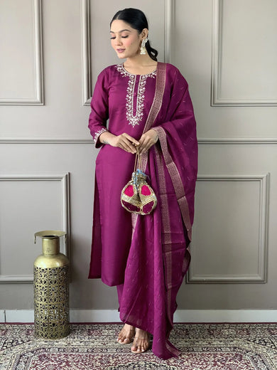 Astonishing Burgundy Embroidered Chanderi Silk Event Wear Pant Suit