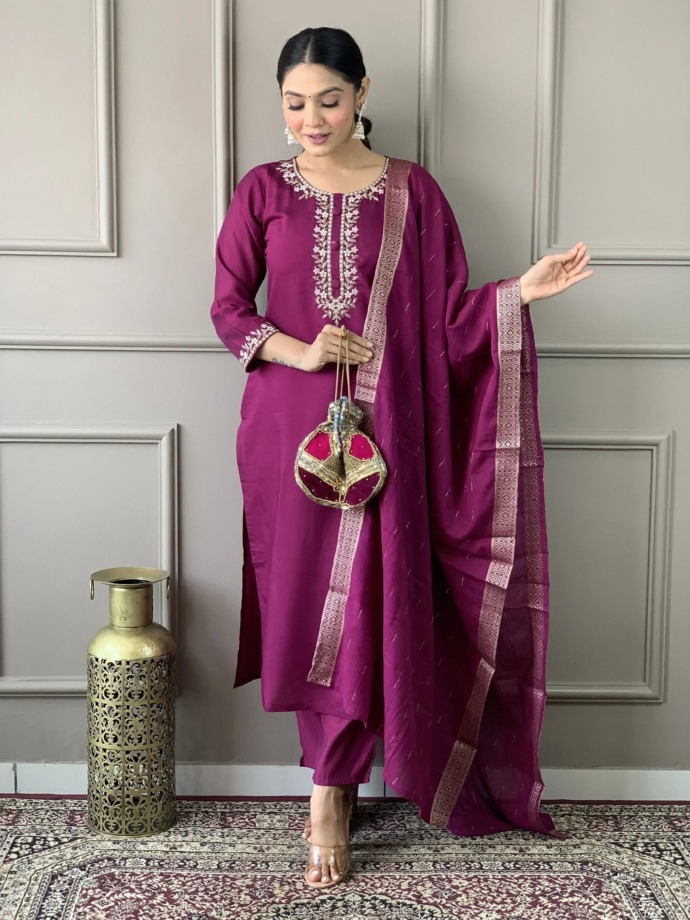 Purple embroidered salwar kameez with dupatta, ethnic Indian wear for women