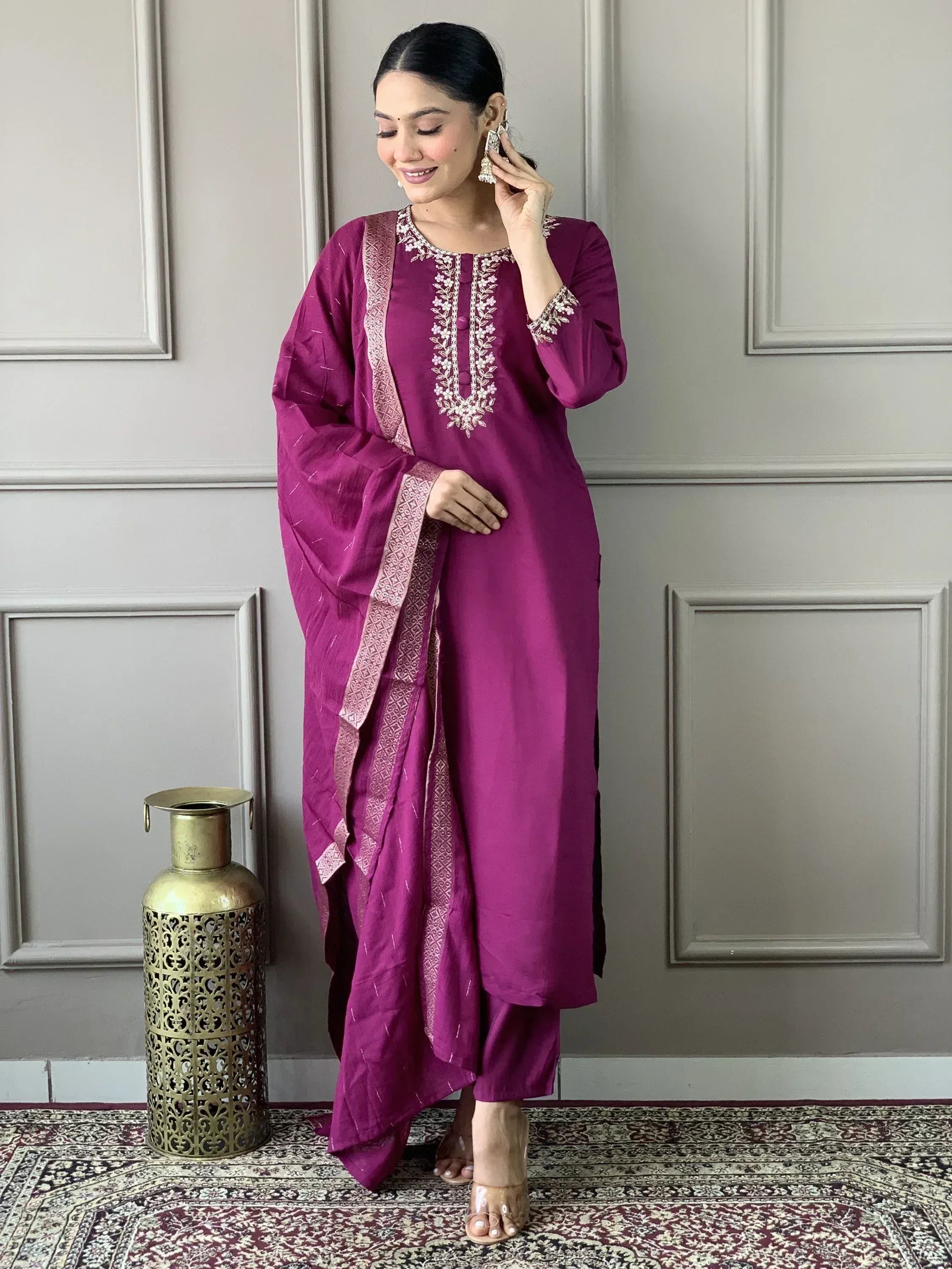 Purple embroidered salwar kameez with dupatta, Indian ethnic wear for women