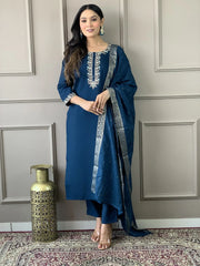 Tantalizing Blue Embroidered Chanderi Silk Function Wear Pant Suit