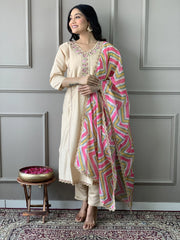 Amazing Beige Color Chanderi Silk Event Wear Pant Suit With Dupatta
