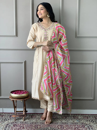 Amazing Beige Color Chanderi Silk Event Wear Pant Suit With Dupatta