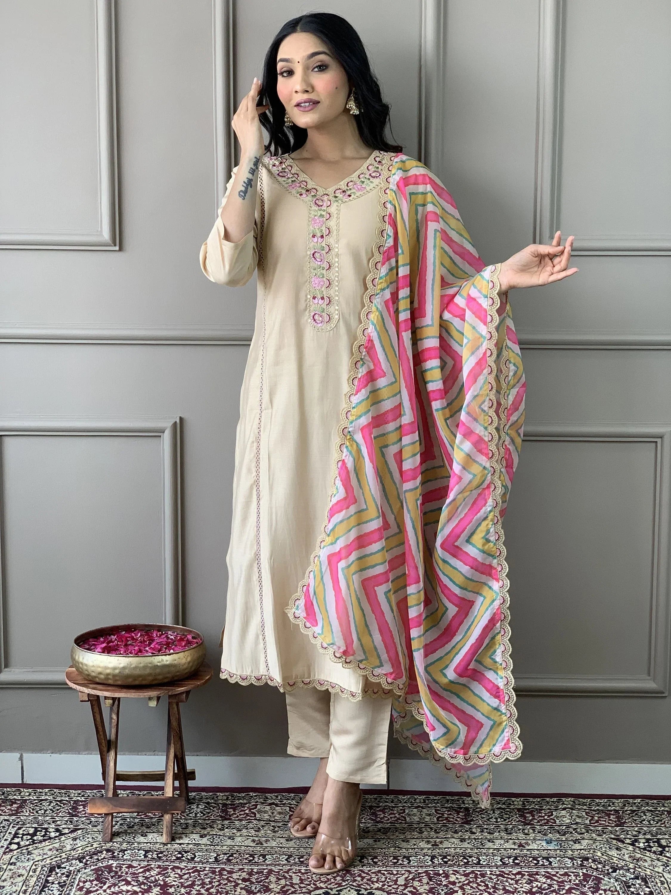 Amazing Beige Color Chanderi Silk Event Wear Pant Suit With Dupatta