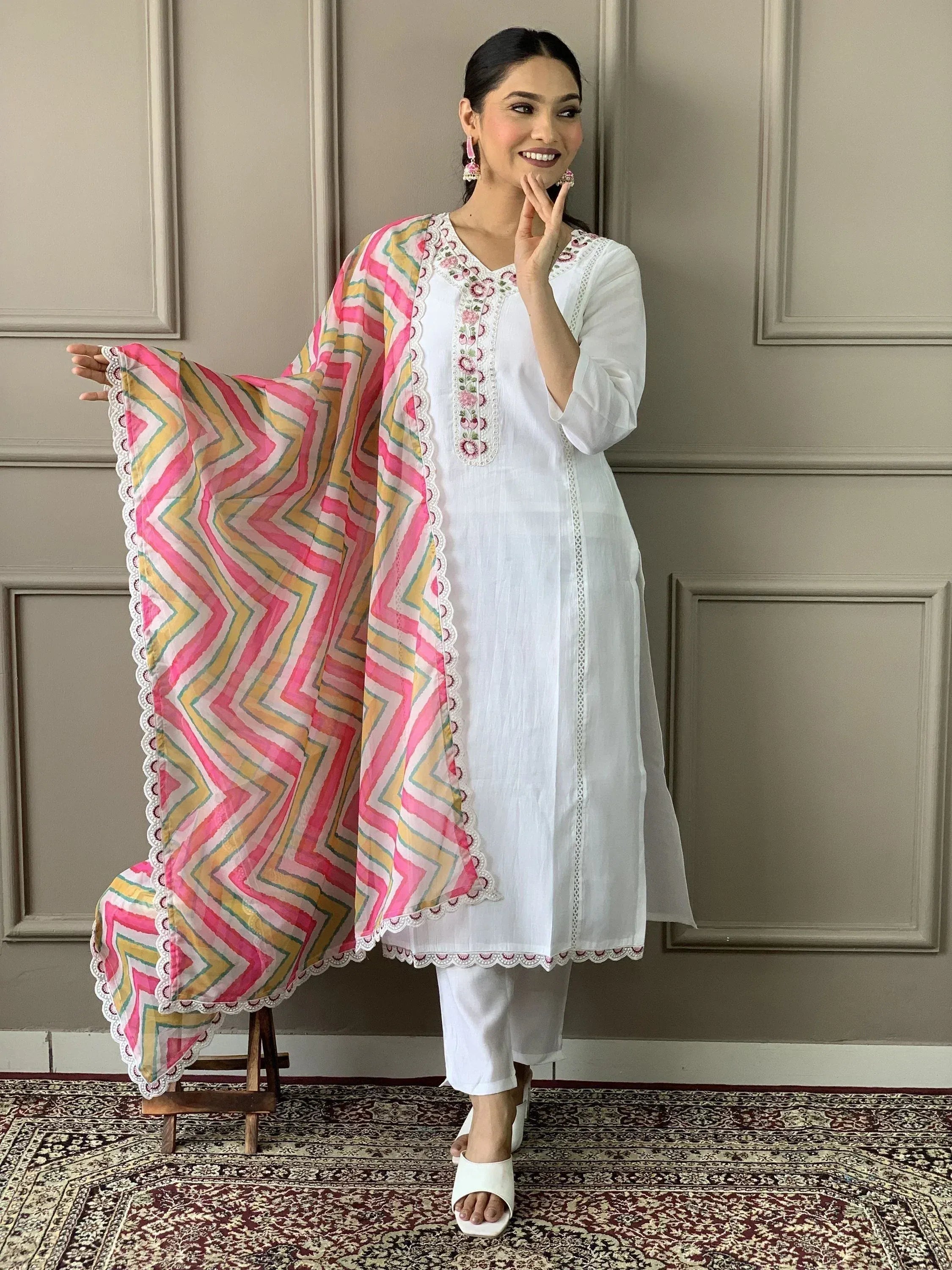 White embroidered kurta with colorful zigzag dupatta, Indian ethnic wear for women
