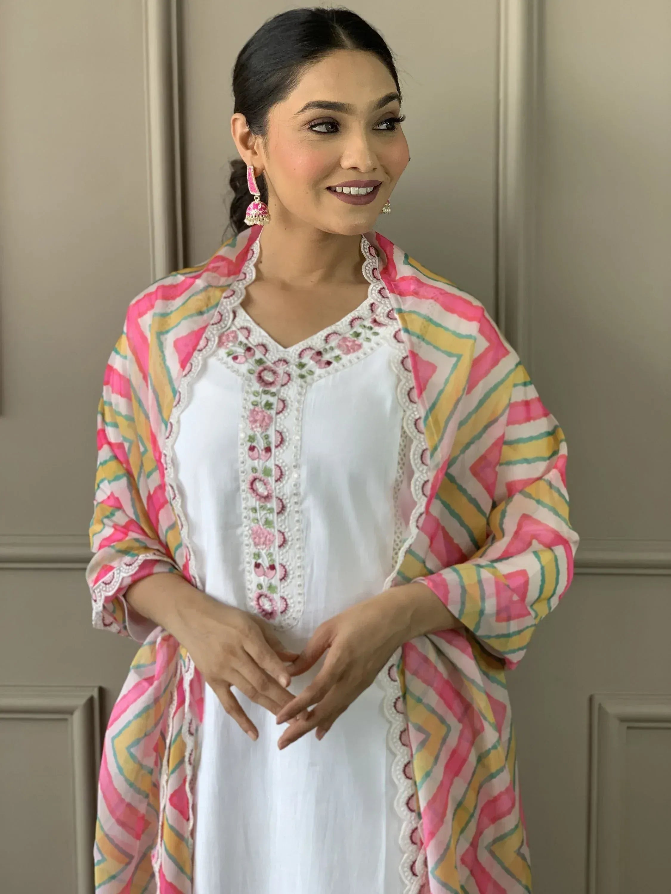 White embroidered kurta with colorful geometric dupatta, Indian ethnic wear