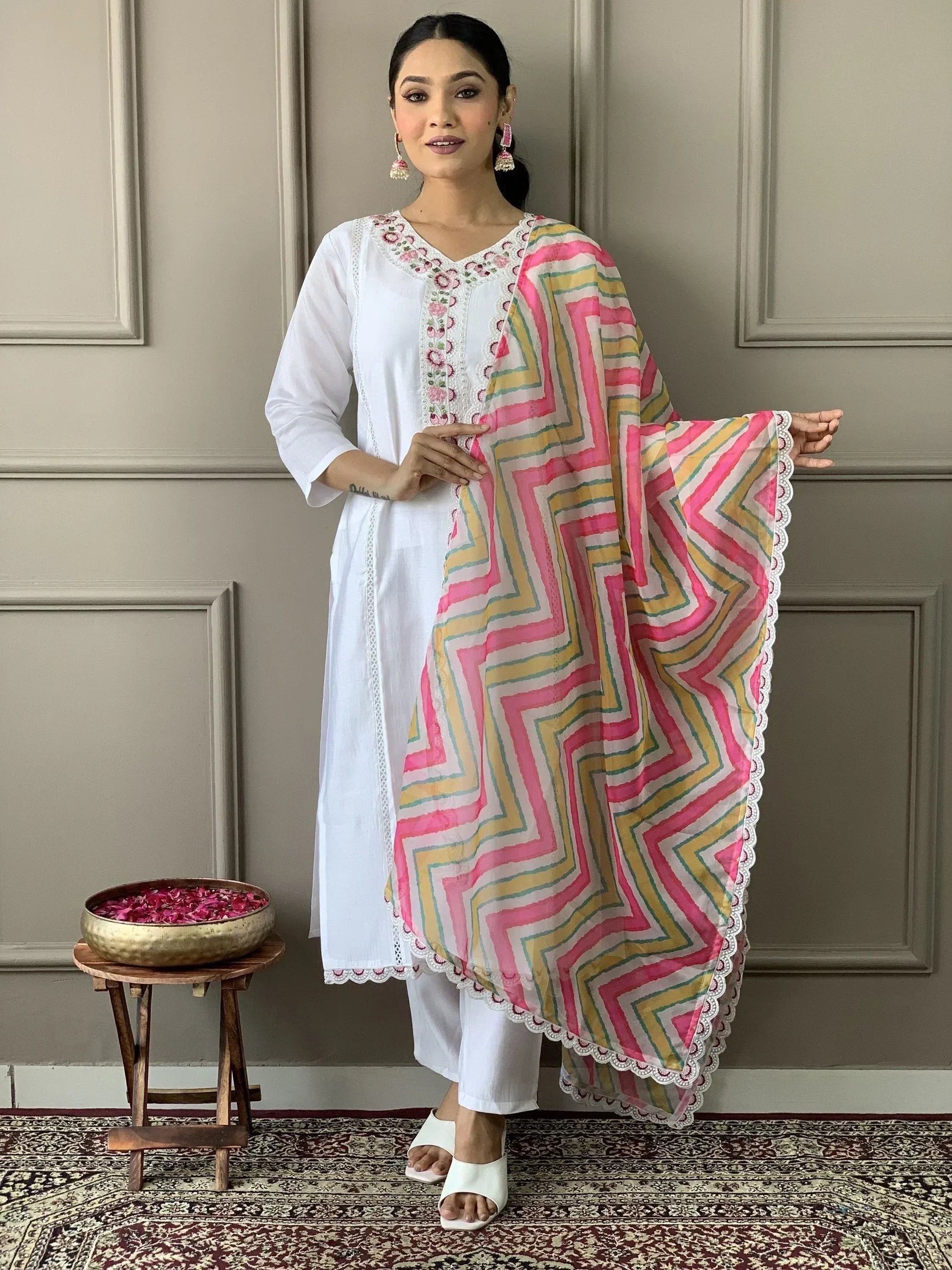White embroidered kurta with pink yellow geometric dupatta, Indian ethnic wear