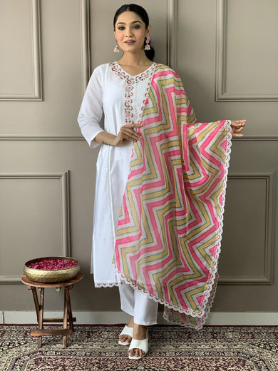 Alluring White Color Chanderi Silk Function Wear Pant Suit With Dupatta