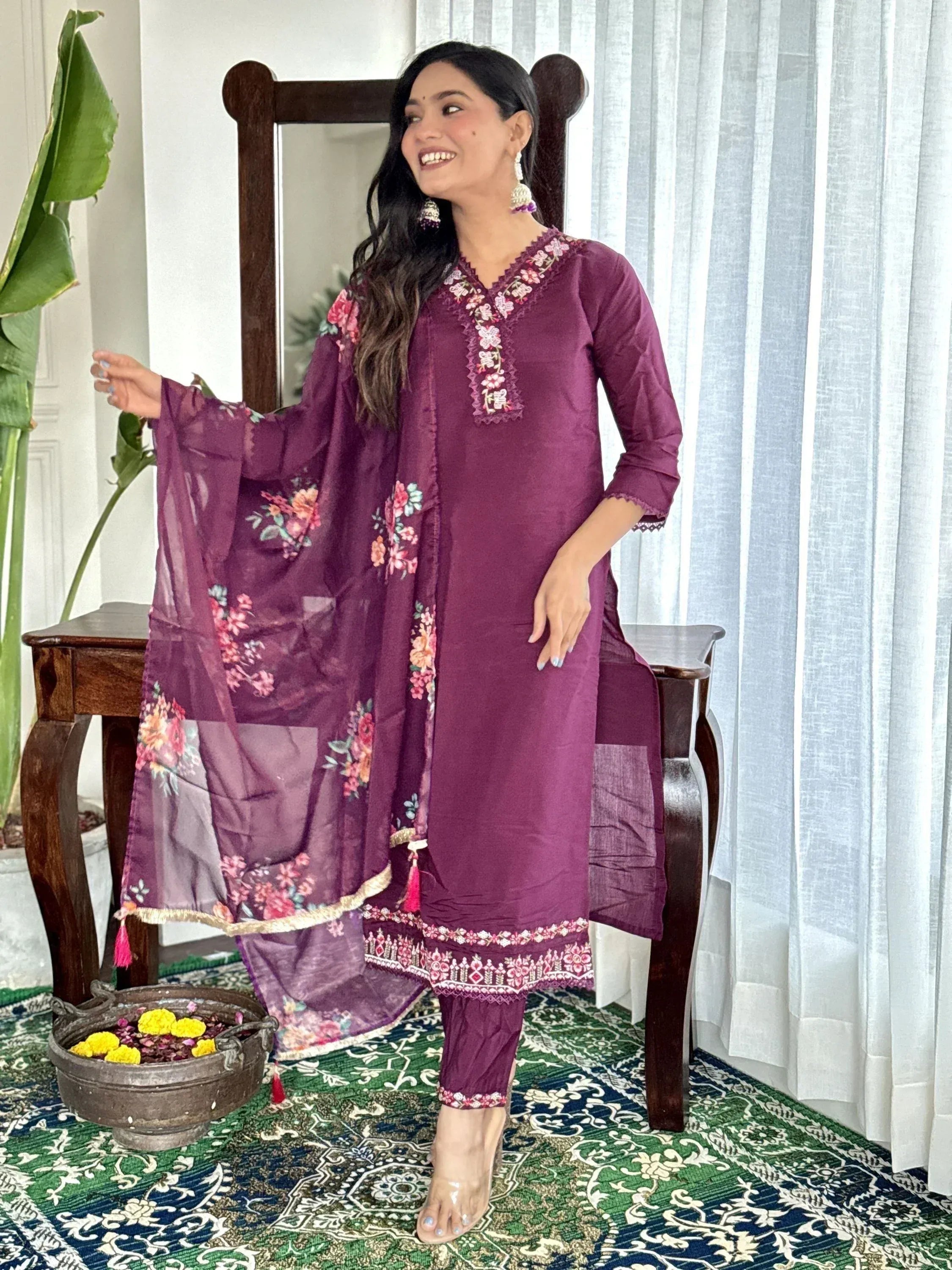 Purple floral embroidered salwar kameez with matching dupatta, ethnic Indian wear for women