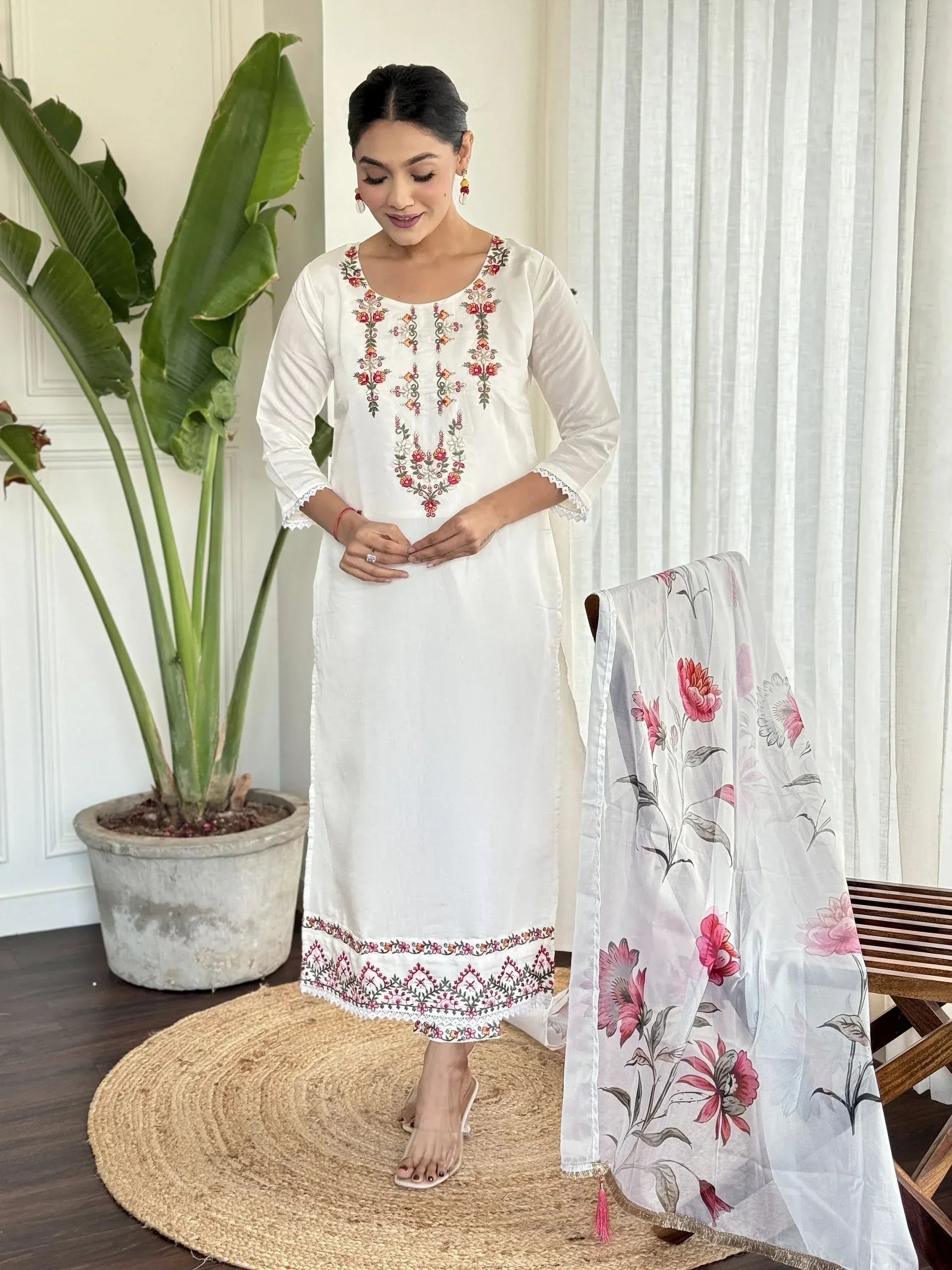 White embroidered kurta with floral dupatta, Indian ethnic wear for women