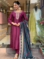 Enchanting Burgundy Color Rayon Event Wear Pant Suit With Dupatta