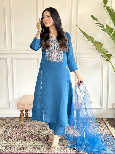 Beautiful Blue Chanderi Silk Function Wear Pant Suit With Net Dupatta