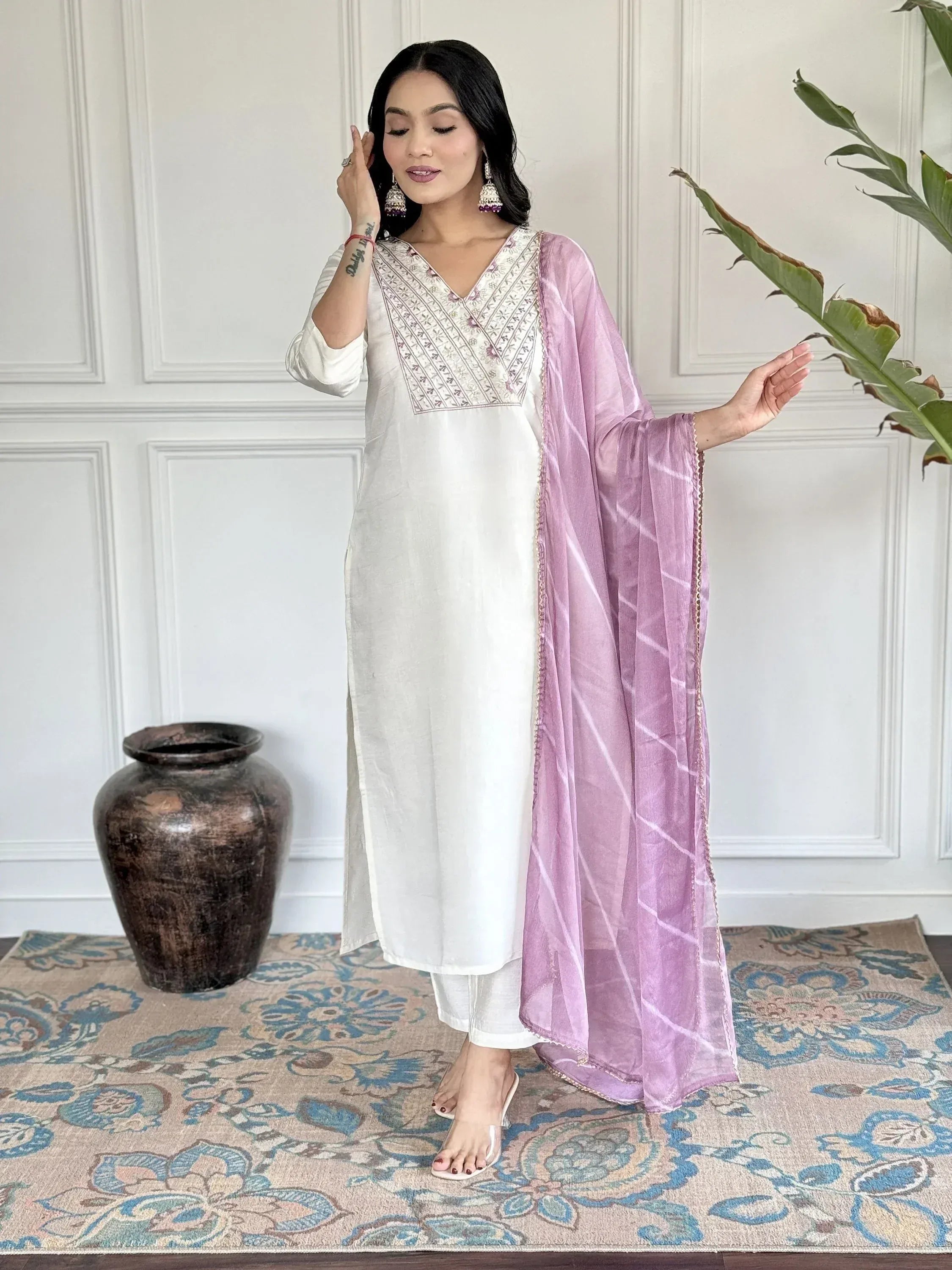 White embroidered kurta with purple dupatta, ethnic Indian wear for women
