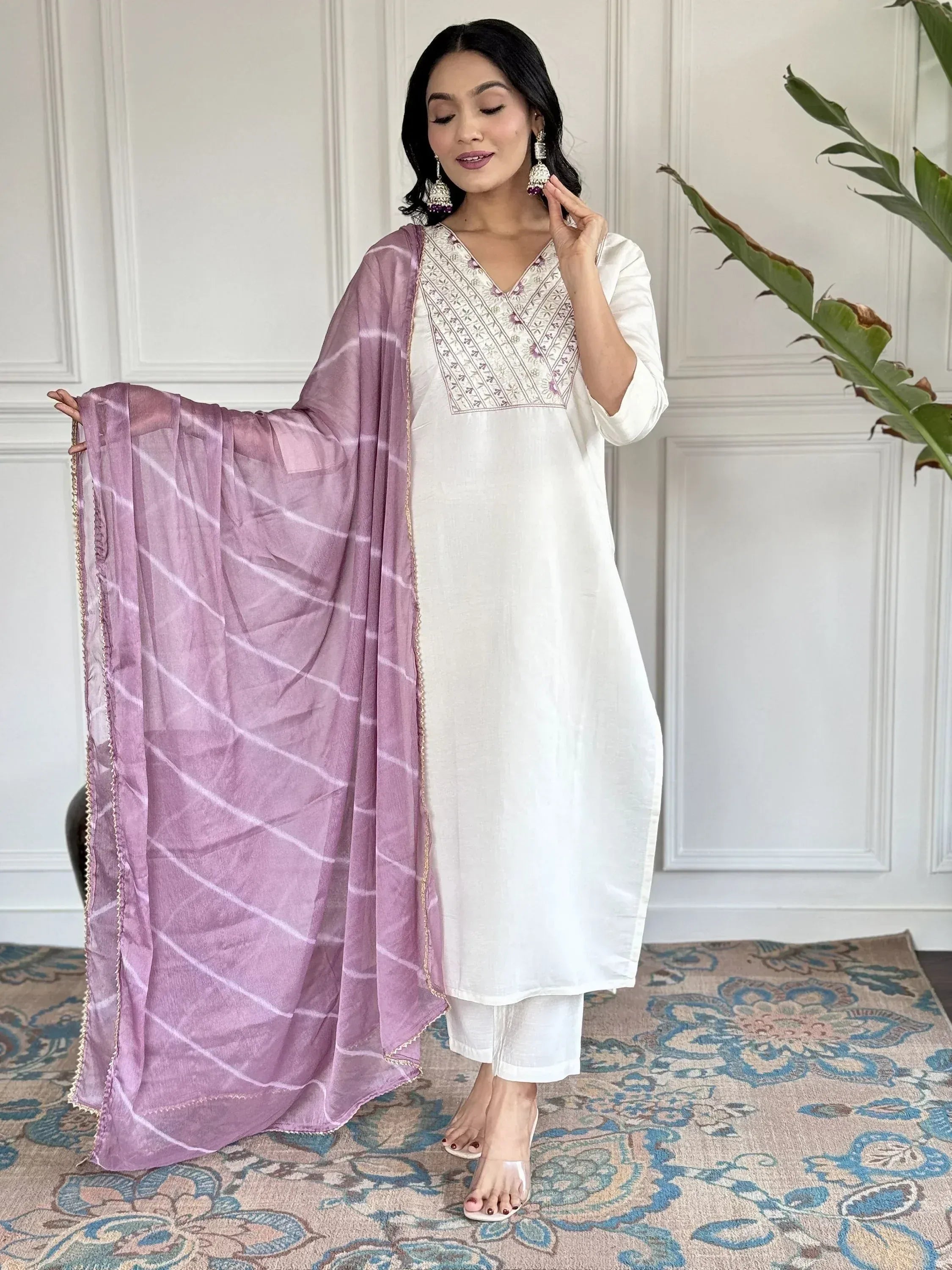 White embroidered kurta with purple striped dupatta, ethnic Indian wear for women