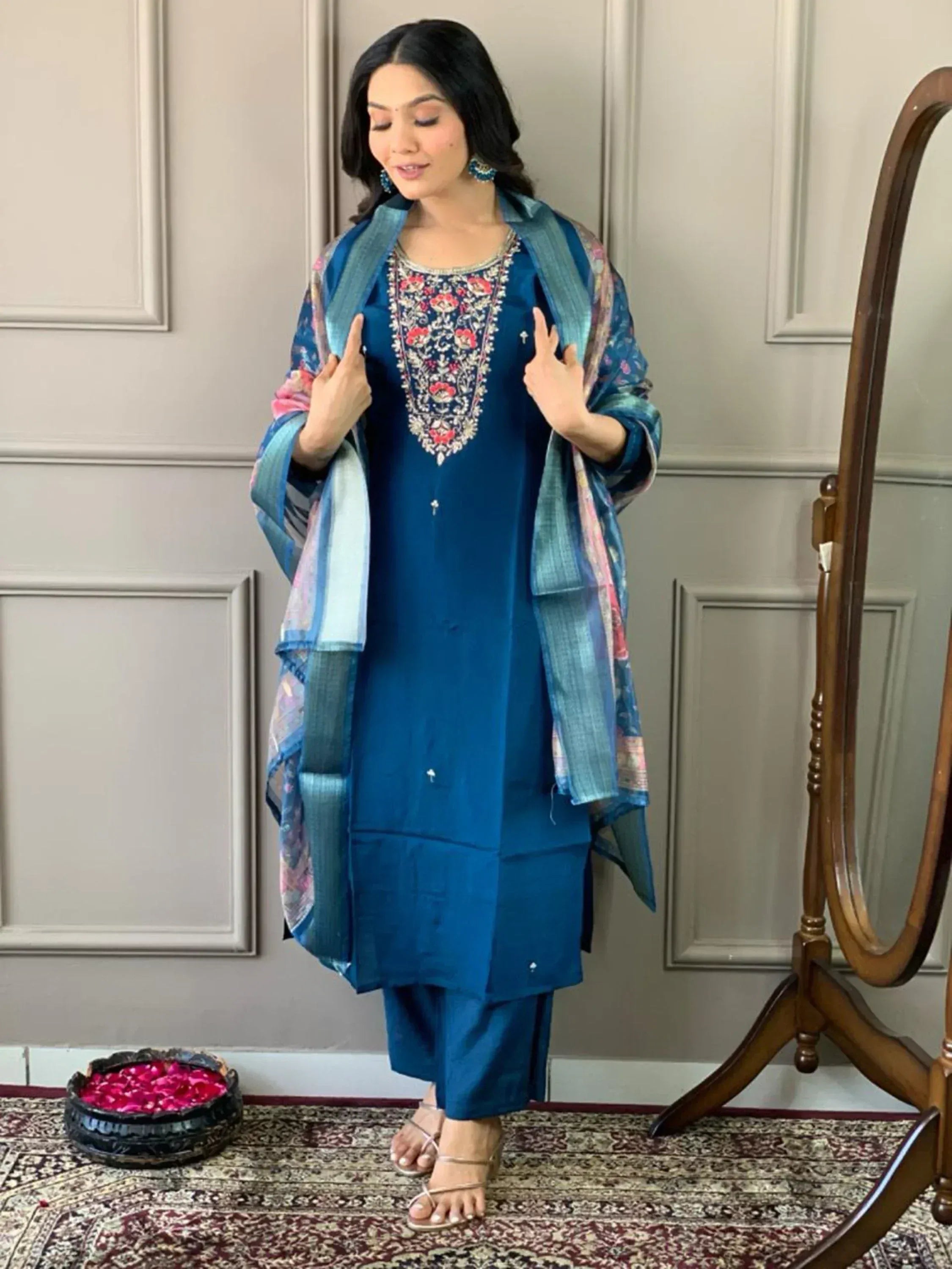 Blue embroidered salwar kameez with floral dupatta, Indian ethnic wear for women