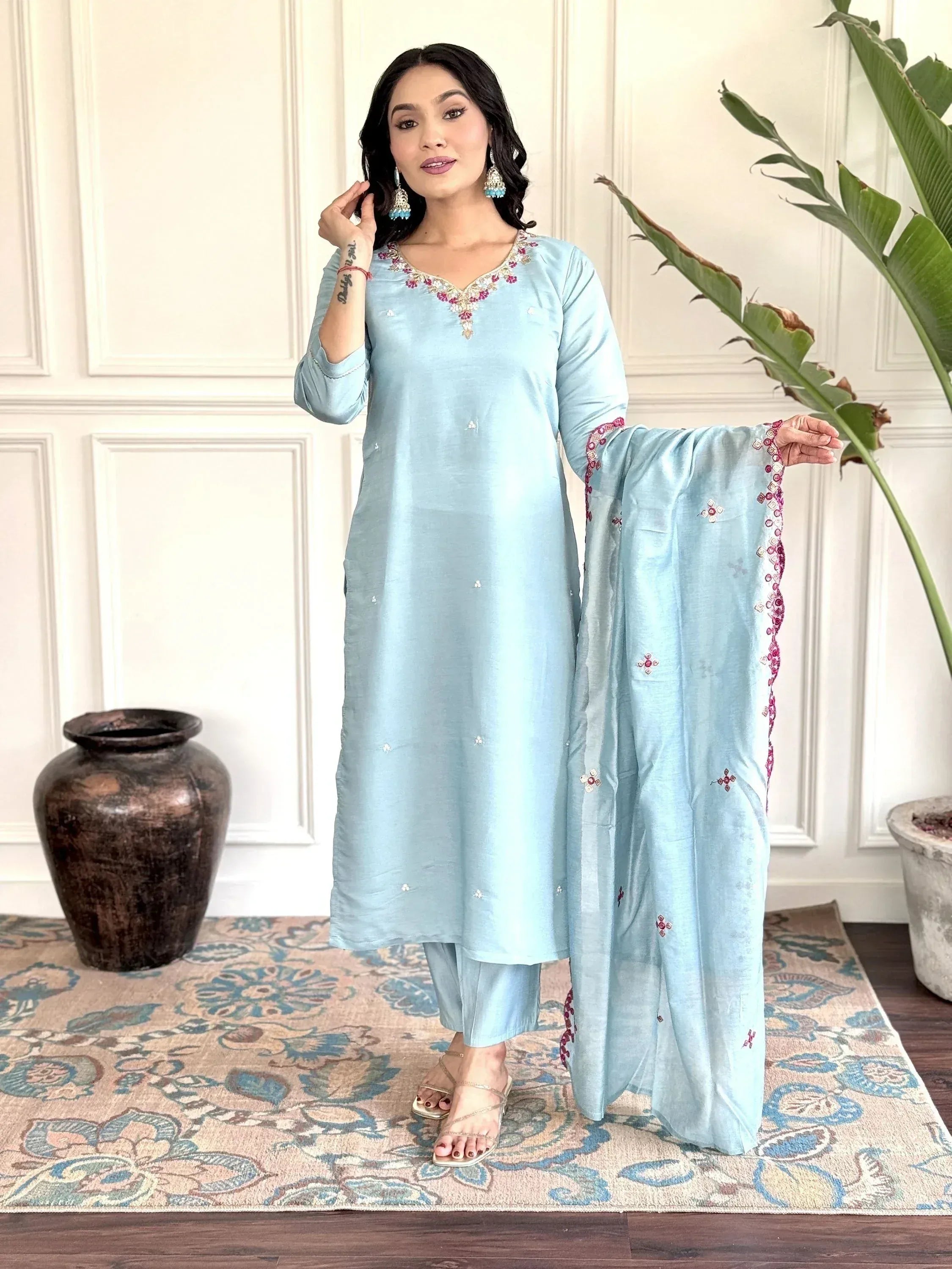 Light blue embroidered salwar kameez with matching dupatta, perfect for ethnic occasions