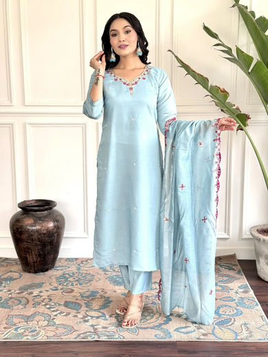 Attractive Sky Blue Embroidered Chanderi Silk Function Wear Pant Suit