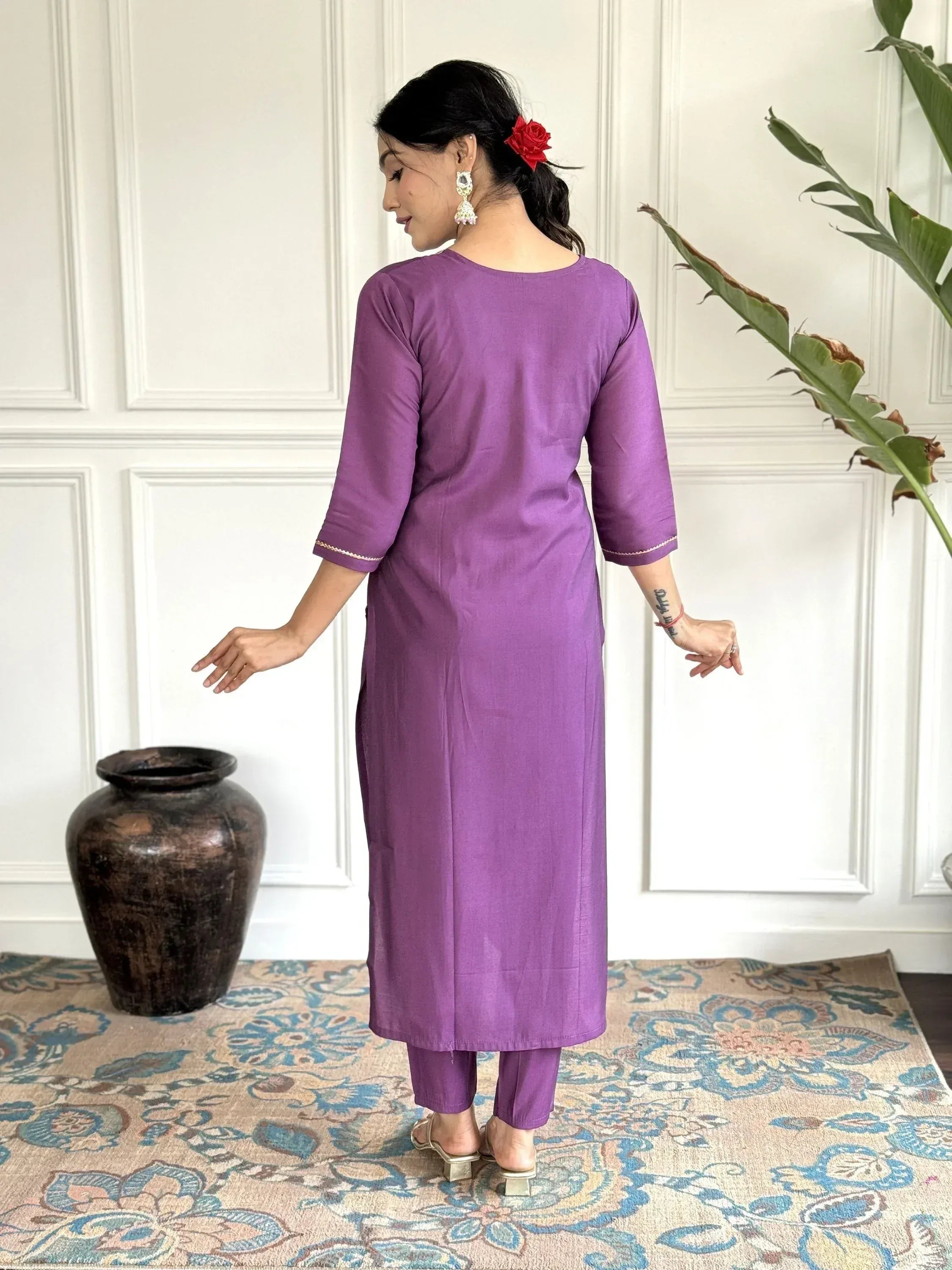 Purple ethnic kurta set with matching pants, perfect for Indian wear occasions