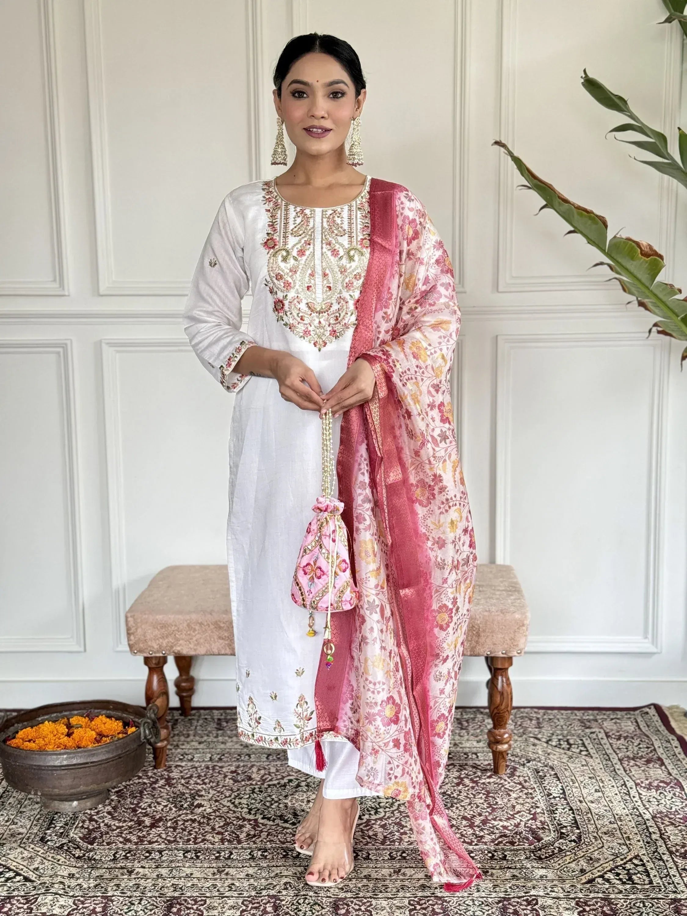 White embroidered kurta with pink floral dupatta, ethnic Indian wear for women