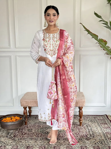 Desirable White Embroidered Chanderi Silk Traditional Pant Suit