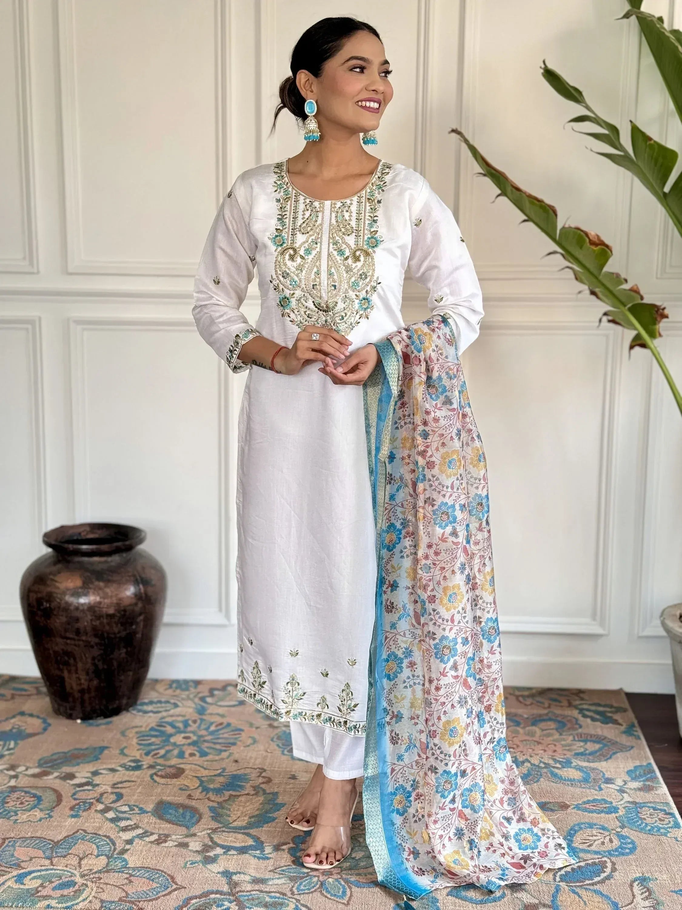 White embroidered kurta with floral dupatta, Indian ethnic wear for women