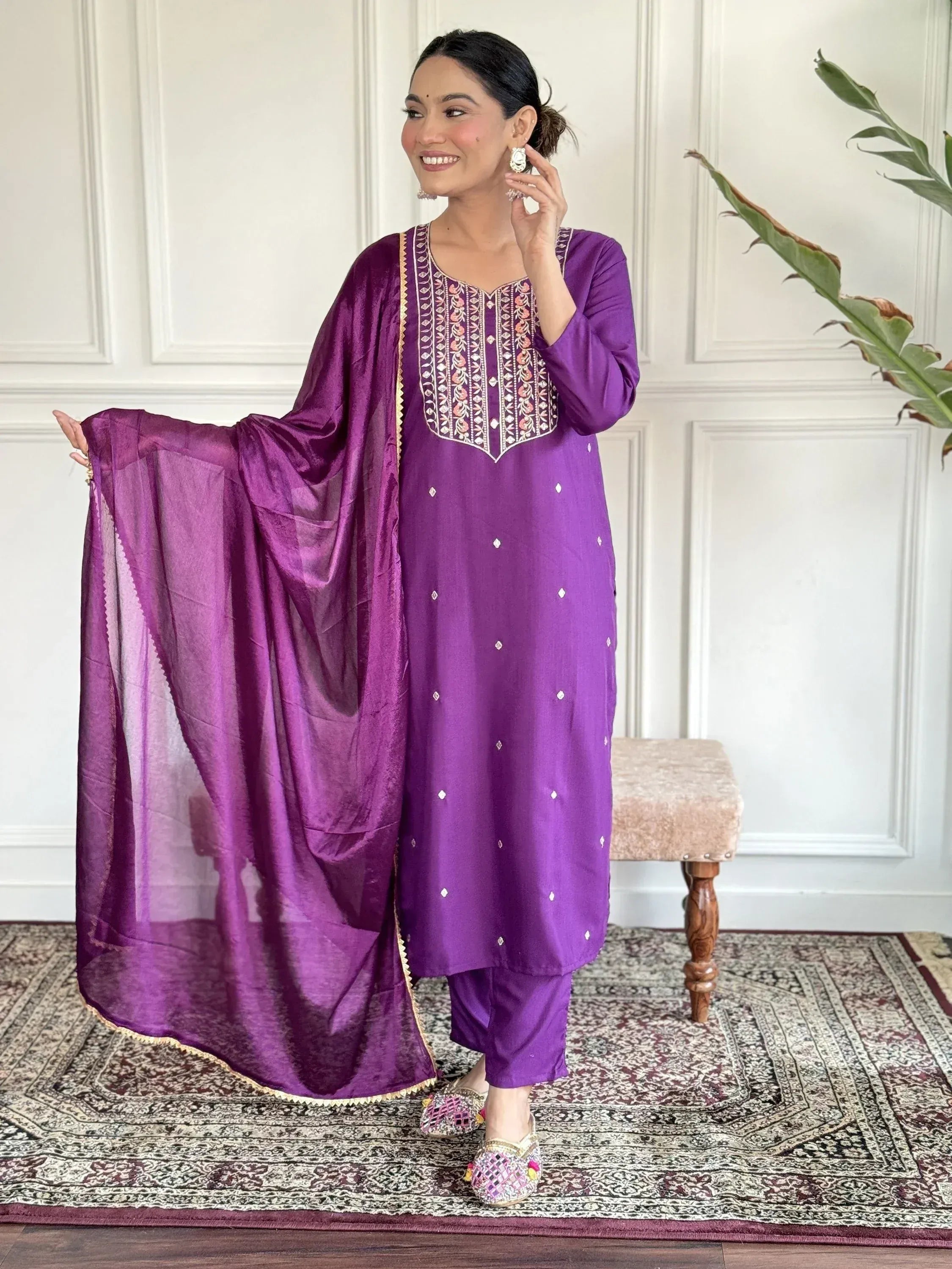 Purple embroidered salwar kameez with matching dupatta, Indian ethnic wear for women