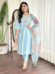 Captivating Sky Blue Embroidered Chanderi Silk Function Wear Pant Suit