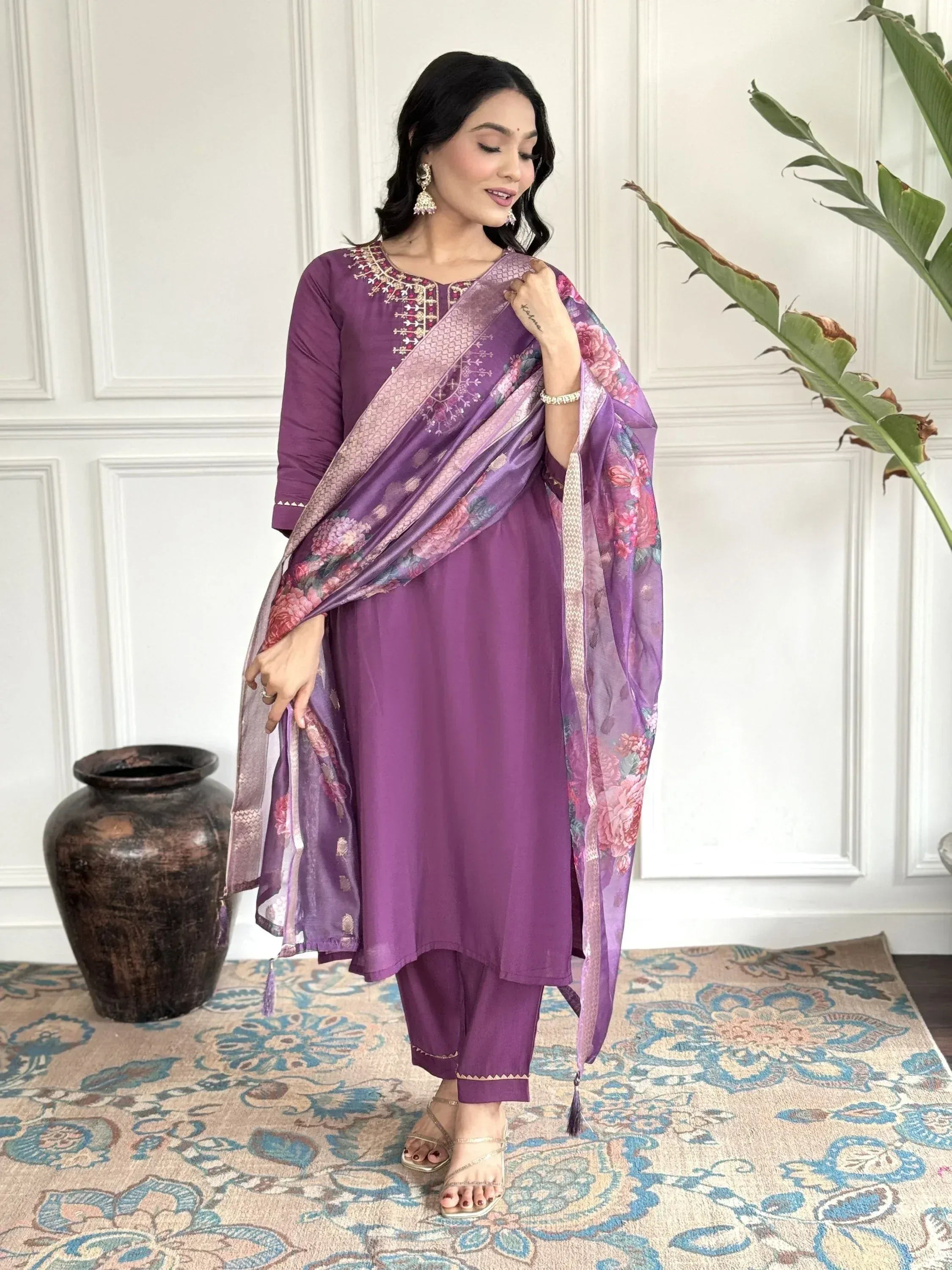 Purple embroidered salwar kameez with floral dupatta, ethnic Indian wear for women