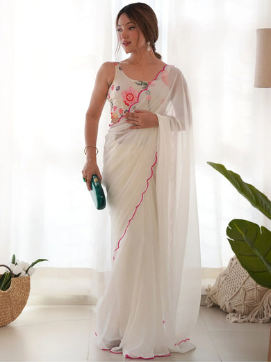 Captivating White Color Georgette Function Wear Saree With Blouse