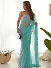 Glamorous Sky Blue Georgette Cocktail Party Wear Saree With Blouse