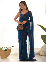 Wonderful Blue Georgette Reception Wear Saree With Blouse