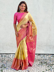 Awesome Mustard Zari Weaving Tissue Silk Haldi Wear Saree With Blouse