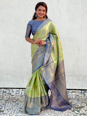 Amazing Pista Green Zari Weaving Tissue Silk Function Wear Saree