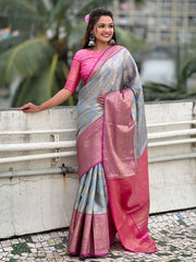 Impressive Grey Color Zari Weaving Tissue Silk Wedding Wear Saree