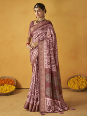 Awesome Pink Printed Tussar Silk Festival Wear Saree With Blouse