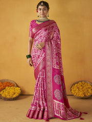 Adorable Rani Pink Printed Tussar Silk Function Wear Saree With Blouse