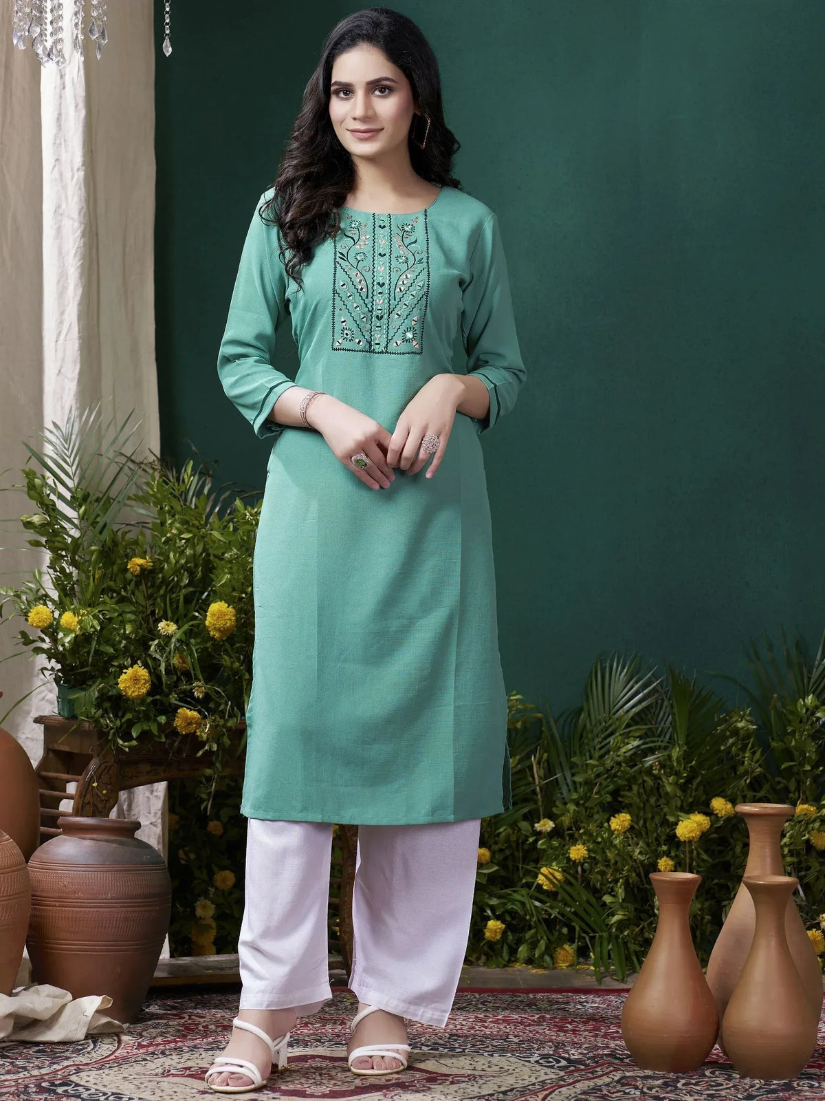 Mint green embroidered kurta with white palazzo pants, Indian ethnic wear for women