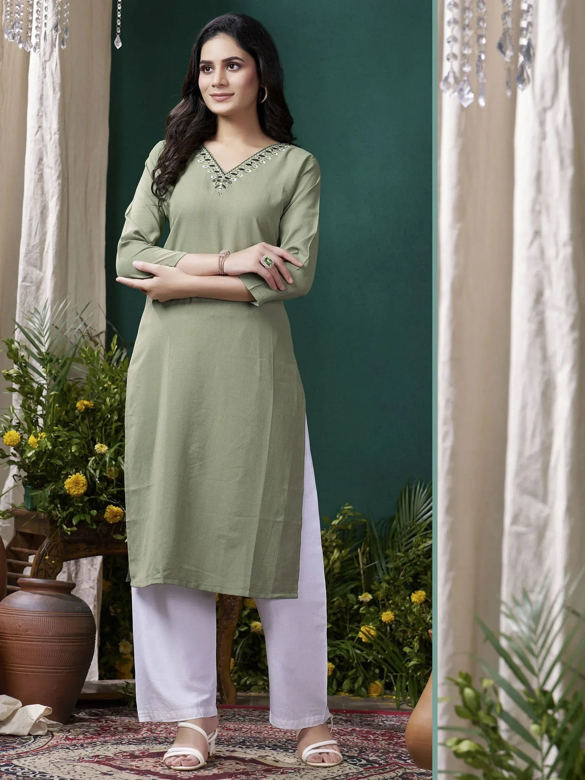 Olive green embroidered kurta with white palazzo pants, ethnic wear for women
