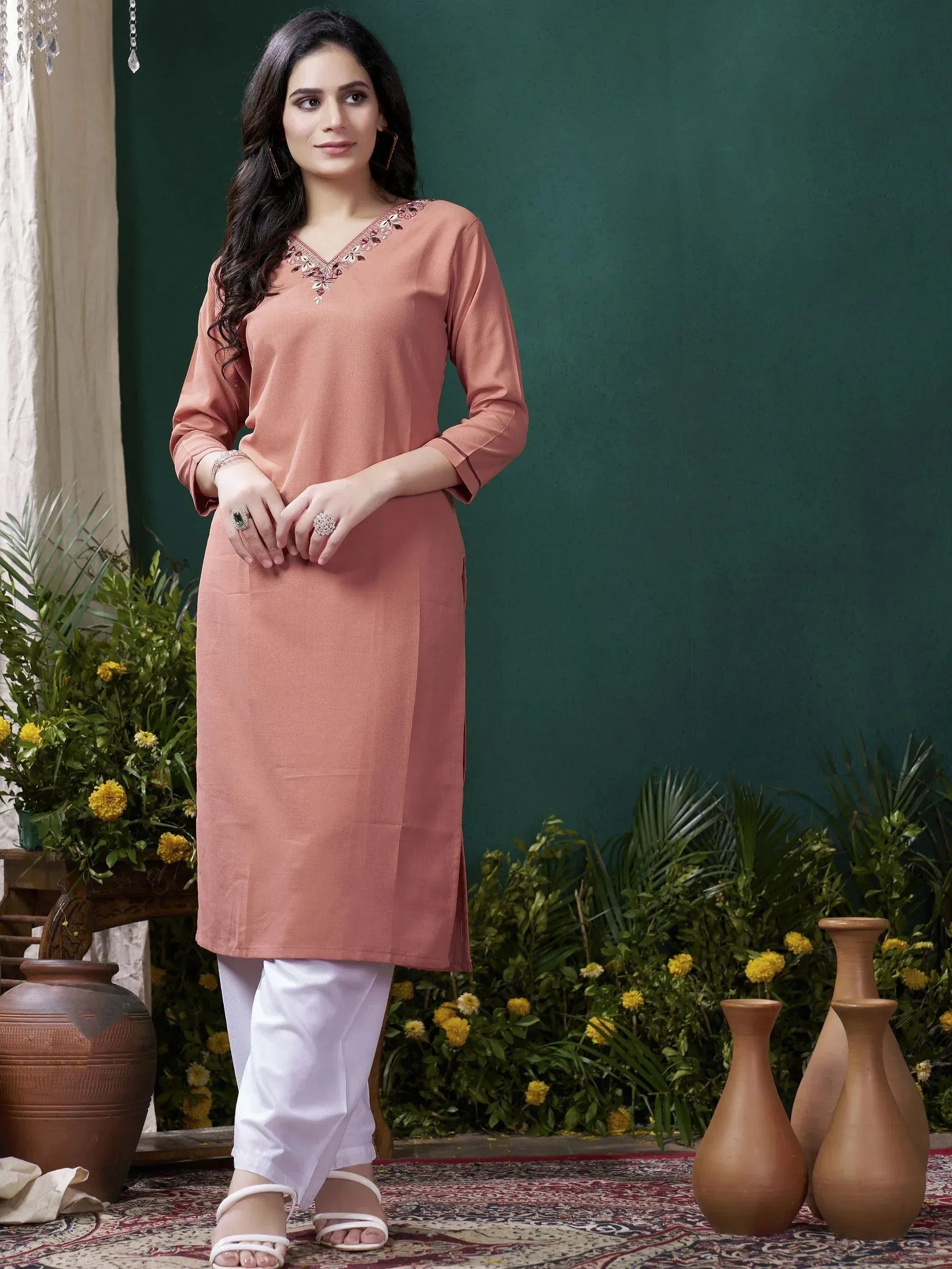 Dusty pink embroidered kurti with white palazzo, ethnic wear for women