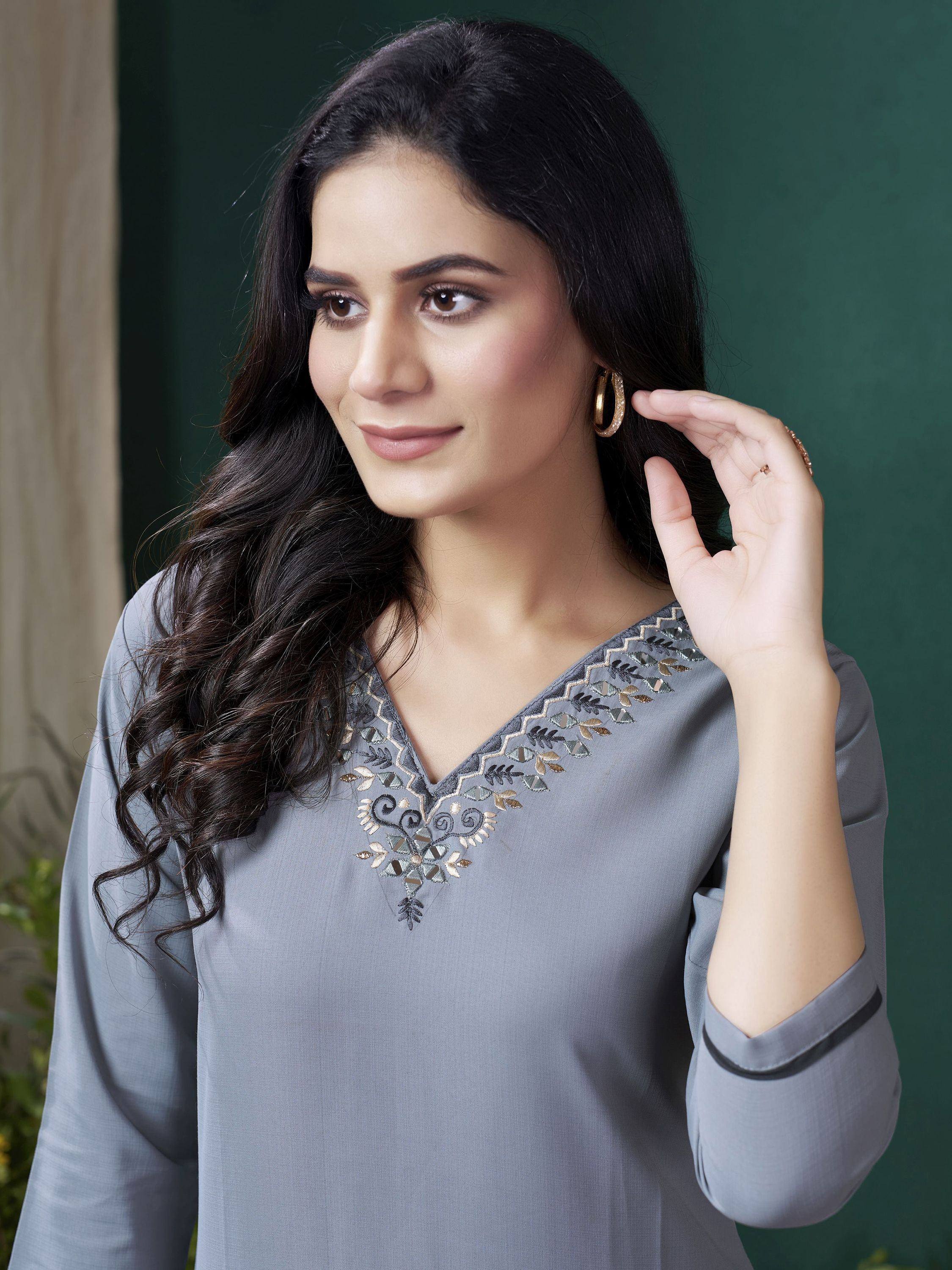 Grey embroidered V-neck kurta with mirror work, perfect for ethnic wear and festive occasions.