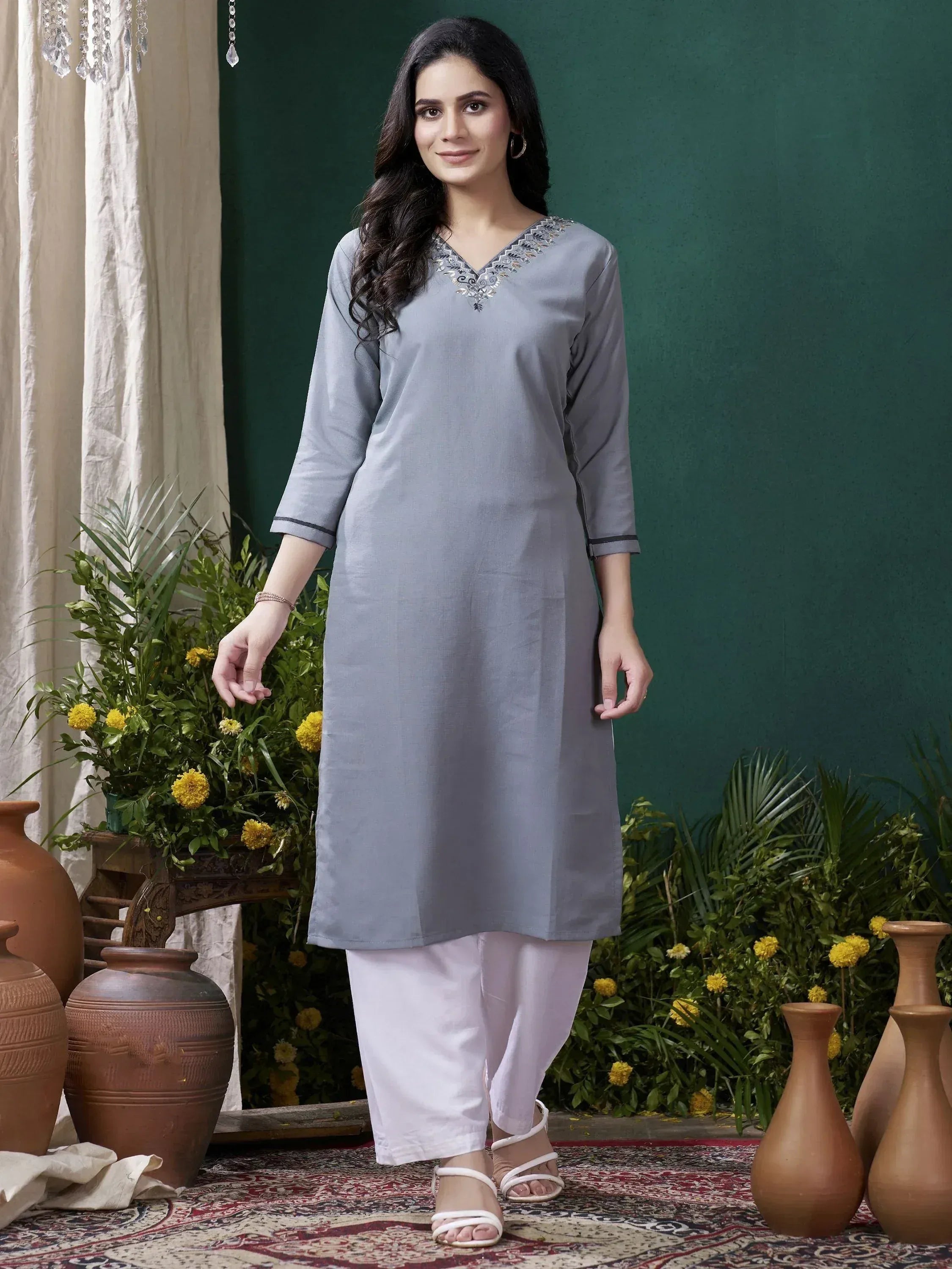 Grey embroidered kurta with white palazzo pants, perfect for ethnic wear